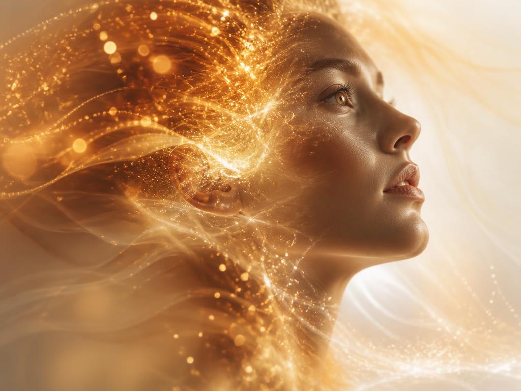 AI-generated portrait dissolving into amber light particles
