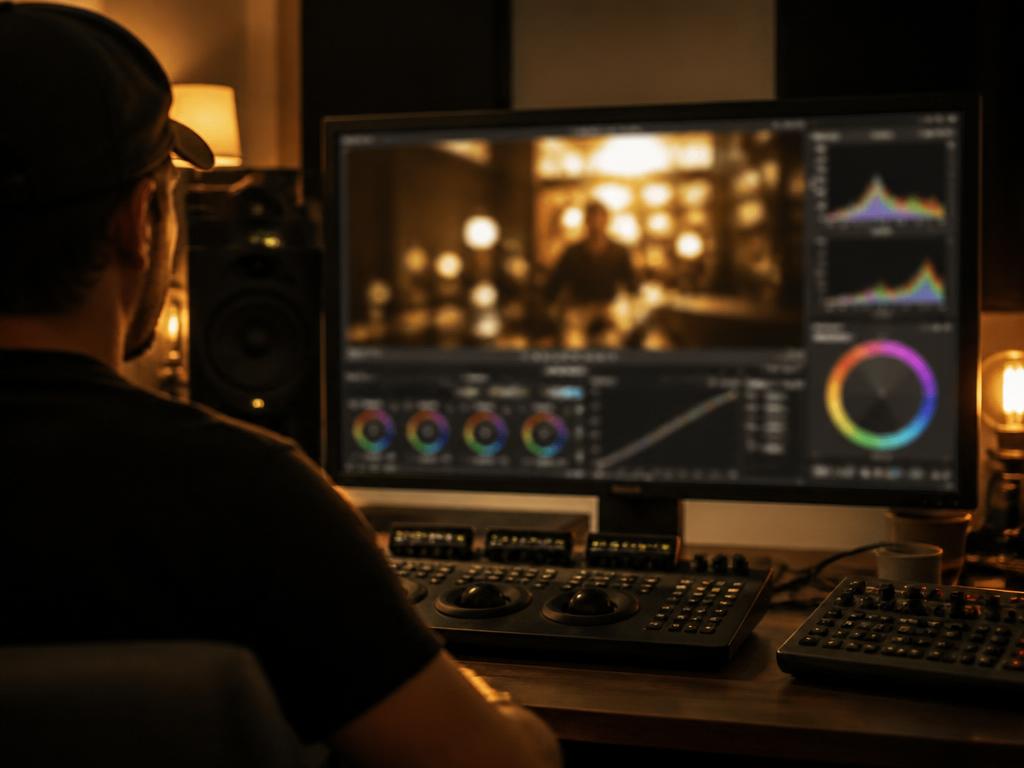 Color grading suite with a warm glowing monitor