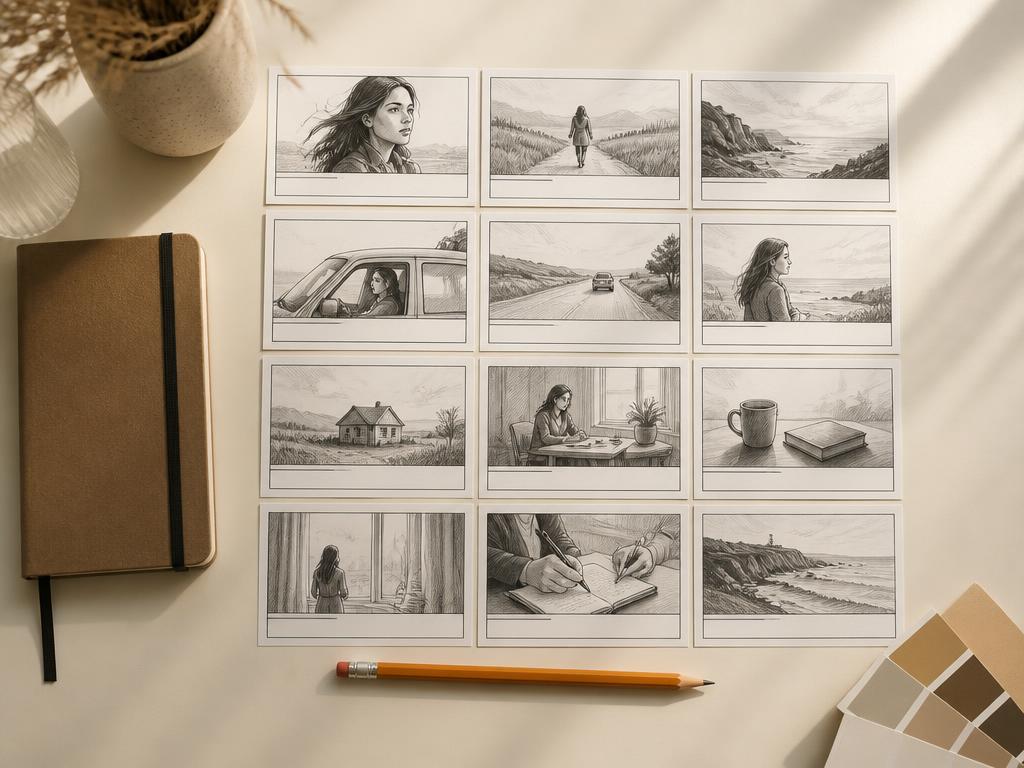Storyboard frames arranged in a grid on an ivory desk