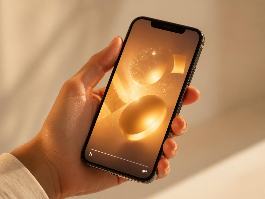A phone playing a vertical video ad in warm amber light